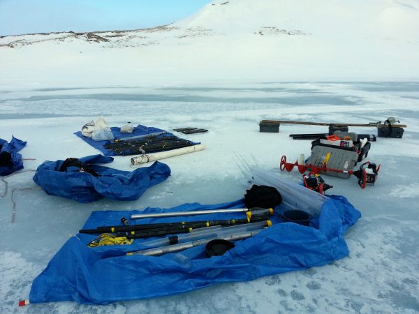 Photo courtesy of Matthew Wooller . Equipment for collecting sediment samples from a lake bottom lies on the lake's frozen surface during a research project on St. Paul Island in 2013.