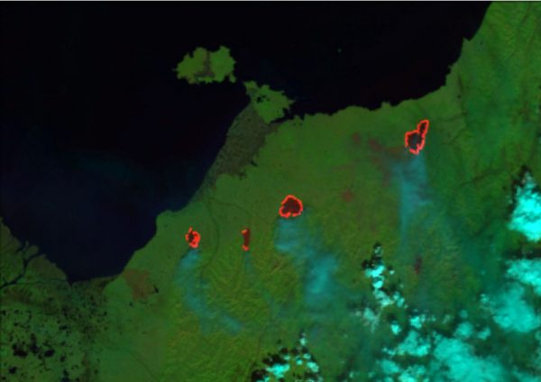 Image provided by Jay Cable, Geographic Information Network of Alaska. This satellite image of the Toik Hill fire, south of Stebbins and St. Michael, Alaska, was taken June 8. This type of image is commonly called “natural fire color,” because fires appear red, yellow or white on the map. This image was made with data received and processed by the Geographic Information Network of Alaska.