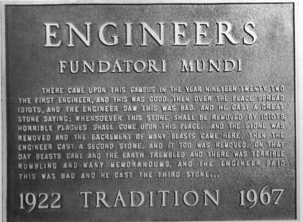 The engineer's stone's bronze plaque as it appeared in 1967.
