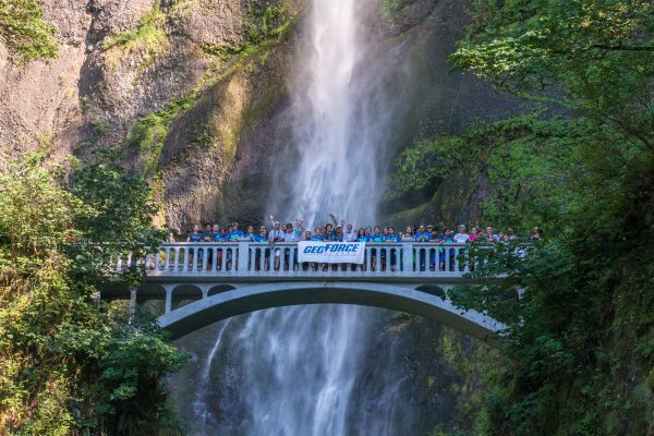 Photo by Colby Wright.  The GeoFORCE Alaska group visits Oregon's breathtaking Multnomah Falls in 2014. Students go to Oregon and Washington during their third year in the program. 