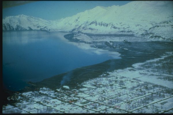 Photo courtesy of the U.S. Department of the Interior.  This aerial view of Valdez, Alaska, reflects the onshore reach of the tsunami that hit after the 1964 earthquake. The wave demolished what was left of the waterfront facilities, decimated the fishing fleet and penetrated about two blocks into the town. Valdez had $15 million in property damage and 30 fatalities.