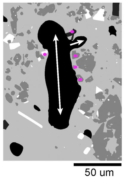 Image courtesy of Amanda Lindoo . This black elongated shape is a gas bubble traveling through a crystal network in magma. The pink dots are select crystals affecting the bubble shape.