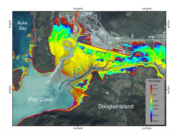 Image provided by Dmitry Nicolsky.  This map models the extent of seawater inundation near the airport in Juneau, Alaska, that would be expected following a landslide-generated tsunami in Fritz Cove.