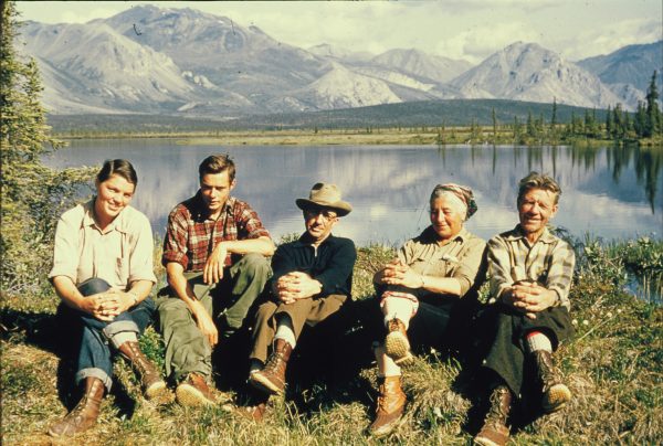 Photo courtesy of the Murie Center. Bob Krear took this photograph at a camp near the Sheenjek River in 1956. From left are Brina Kessel, George Schaller, Don “Doc” MacLeod, Mardy Murie and Olaus Murie.