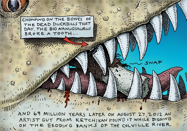 Courtesy of Ray Troll and Kirk Johnson. Alaska artist Ray Troll illustrated how a dinosaur tooth might have been broken 69 million years before he found it on the Colville River during an expedition with the University of Alaska Museum of the North. Troll's art is part of an exhibit in Anchorage that uses fossils from the museum.