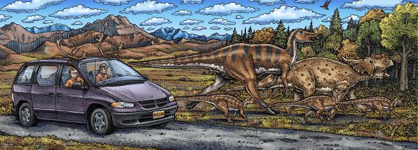 Courtesy of Ray Troll and Kirk Johnson. Alaska artist Ray Troll created this fanciful depiction of himself and paleontologist Kirk Johnson, director of the Smithsonian National Museum of Natural History, on their 10,000-mile, 250-day journey along North America's coast in search of fossils. Their journey led to the exhibition “Cruisin’ the Fossil Coastline” on display at the Anchorage Museum.