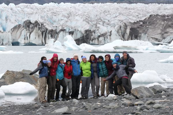 Photo courtesy of Erin Pettit.. The Girls in Icy Fjords team poses in front of Bear Glacier.