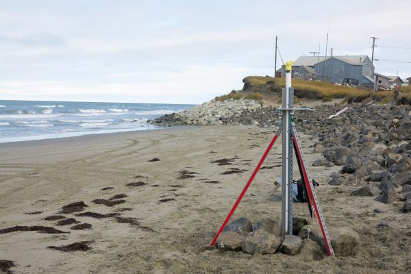 Nick Konefal photo.  A tripod in the village of Shishmaref is part of a network of newly deployed storm-surge detectors in three Northwest Alaska villages that are vulnerable to erosion.