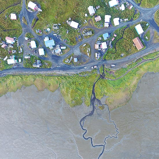 Photo by Rich Buzard.  This high-resolution aerial image, captured with an unmanned aerial vehicle in 2017, shows the village of Goodnews Bay and a creek that flows into the Goodnews River, an area vulnerable to future flooding and erosion.
