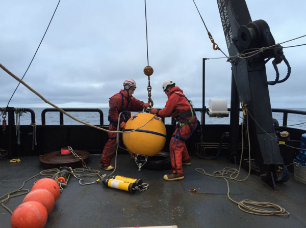 Photo courtesy of the Chukchi Ecosystem Observatory.  Crew members work on a Chukchi Sea mooring with instruments to record currents, temperature and salinity in the water. Researchers from the University of Alaska Fairbanks and other institutions will install a similar mooring in the Gulf of Alaska.