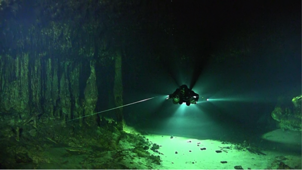 Photo by HP Hartmann.  A diver explores a section of the Ox Bel Ha cave system on the Yucatan Peninsula in Mexico, where researchers determined that methane gas underpins the ecosystem.