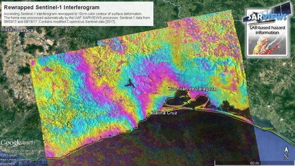 Image courtesy of the Alaska Satellite Facility.  A color-composite, geocoded synthetic aperture radar image over Mexico shows surface deformation after an earthquake in September 2017.