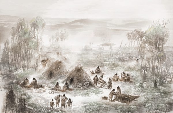 Illustration by Eric S. Carlson in collaboration with Ben A. Potter. A scientific illustration of the Upward Sun River camp in what is now Interior Alaska.