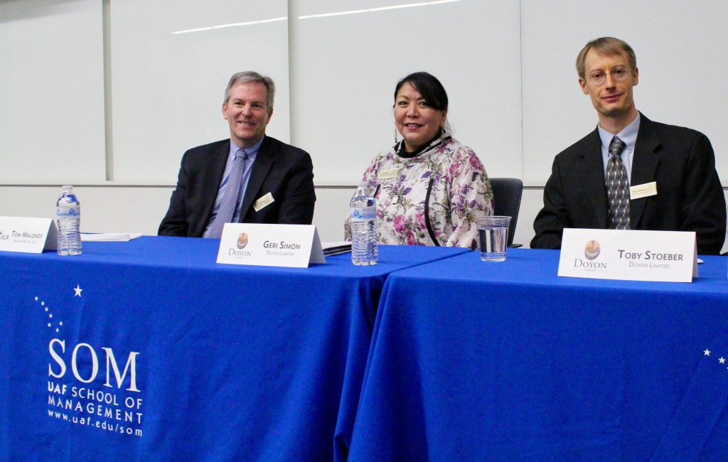 Photo courtesy of UAF School of Management.  Speakers at the 2017 Alaska Native Corporations Seminar included, from left, Tom Maloney, CEO of Ahtna Netiye’ Inc.; Geri Simon, vice president of administration at Doyon Limited; and Toby Stoeber, Doyon's accounting director.