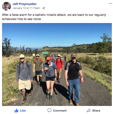 Screenshot courtesy of Jeff Freymueller.  UAF geosciences professor Jeff Freymueller posted a Facebook picture of his volcanology class members happily hiking after the missile alert scare but before a student stepped on a sea urchin.