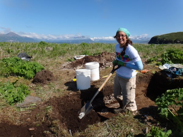 Photo courtesy of Nicole Misarti. UAF research scientist Nicole Misarti excavates one of the “garbage piles” at the Hot Springs site on the Alaska Peninsula.