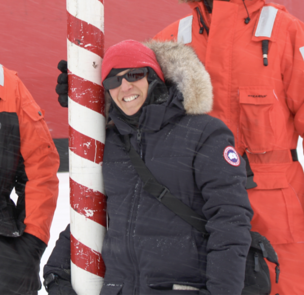 Photo courtesy of Ana Aguilar-Islas.  Ana Aguilar-Islas stands at the North Pole during the 2015 Arctic Geotraces cruise.