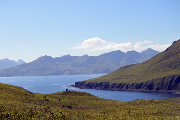 Photo courtesy of Steffi Ickert-Bond. Steffi Ickert-Bond and a research team explore Ugadaga Bay near Unalaska in 2016. In her new online botany course, students will explore and discuss flora in their communities, gathering data from around Alaska.