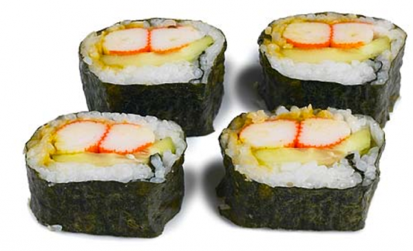 Photo courtesy of Tyre Lanier.  Surimi is featured in the center of these pieces of California roll sushi.