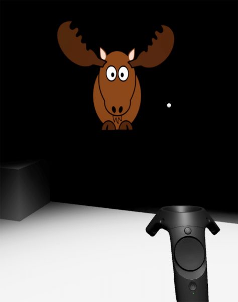 Photo courtesy of Tristan Craddick. The view inside recent UAF graduate Tristan Craddick's virtual reality experiment, in which participants were asked to use visual or audio clues to locate a cartoon moose. The object in the foreground represents the VR controller, while the dot shows the center of the viewer's gaze.