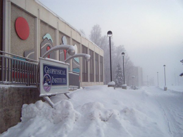 Photo by Amy Hartley. Ice fog obscures the view in front of the Geophysical Institute on the University of Alaska Fairbanks campus. Ice fog forms when water in the air becomes supercooled, which occurs around minus 40 degrees Fahrenheit; however, the polluted Fairbanks air allows water droplets to freeze at temperatures as warm as minus 31.
