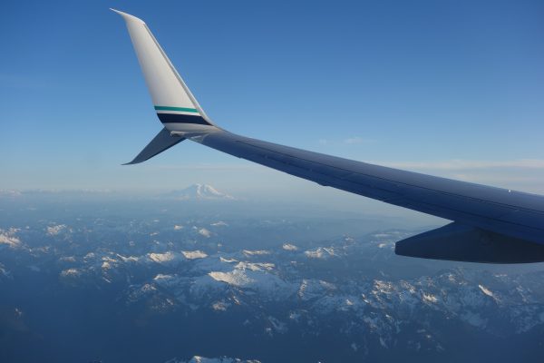Photo by Ned Rozell. Mount Rainier, near Seattle, lies below the wingtip of a 737-700 during a flight from Newark to Seattle.