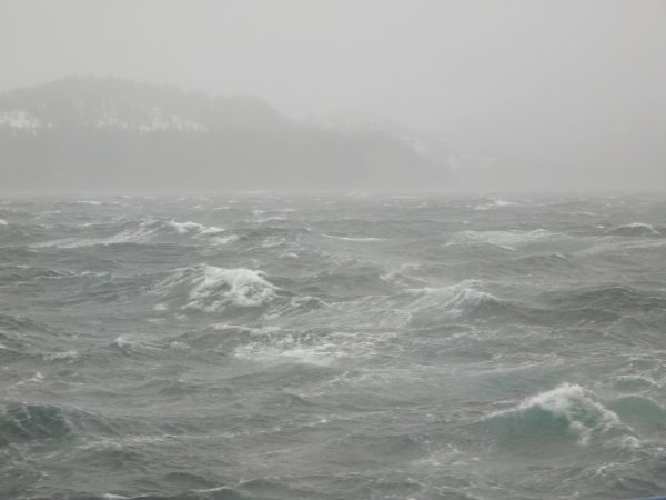 Photo by Seth Danielson. Stormy weather and turbulent water such as this makes sampling and microscope work extra tricky on Sikuliaq.