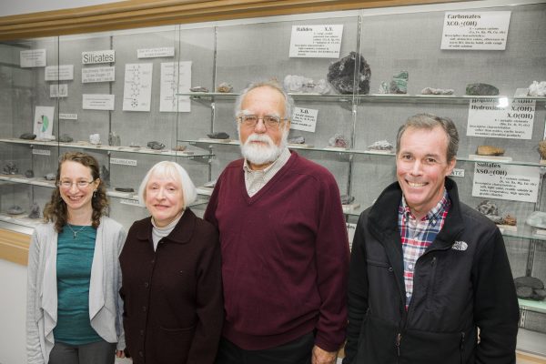 Photo by JR Ancheta. College of Natural Science and Mathematics Interim Dean Leah Berman, left, joins Geraldine Collins, Charles Collins and Paul McCarthy, professor and chair of the Department of Geosciences. The Collinses recently gave $30,000 to the department's geology program.