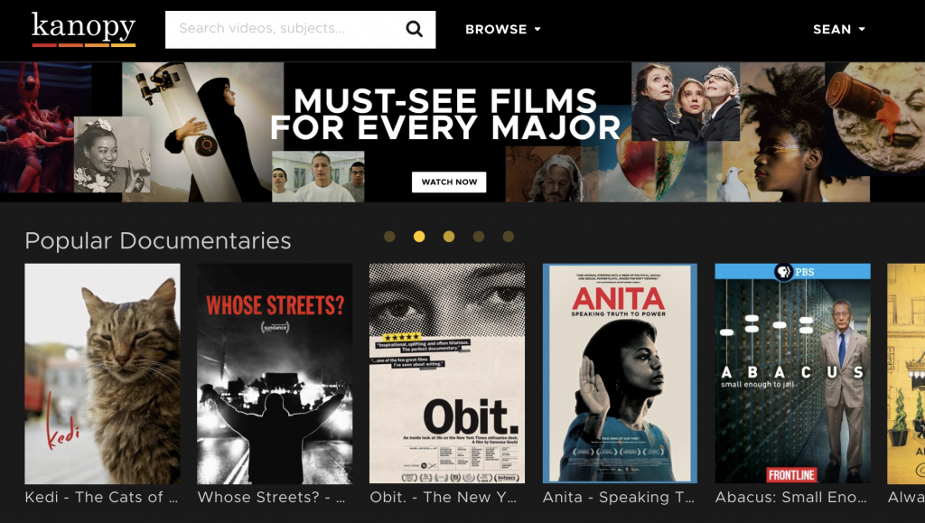 Kanopy landing page showing available movie titles