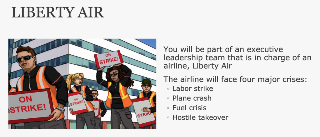 Intro to Liberty Air. An illustration of airline workers on strike and text about what to expect during the semester.