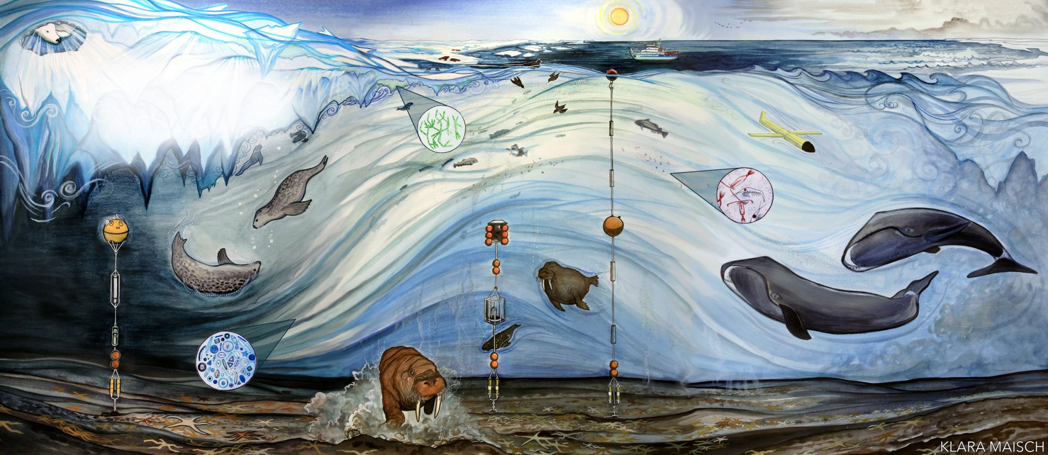 Image by Klara Maisch. Klara Maisch painted this seascape to illustrate seasonal variability in the Chukchi Sea.