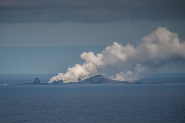 Photo by Dave Withrow, NOAA Fisheries. Bogoslof Island erupts in August 2017, one year before scientists were able to visit.