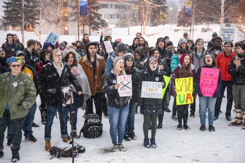 Students and university supporters rallied in Constitution Park to support education funding in Alaska on March 6, 2019. UAF photo by JR Ancheta.