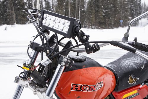 UAF photo by JR Ancheta. A light bar is one of many accessories that Jordan Osowski and Trevor Norris found online to assemble the homemade Honda XL500 snowmachine.