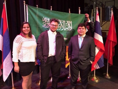 UAF students Denae Benson, Cameron Blood and Bernard Aoto served as the Saudi Arabian delegation at a Model U.N. Council meeting in February 2019. Photo courtesy of Denae Benson.