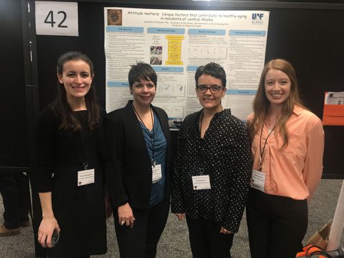 Didar Baumgartner (Class of 2018), Alexandra Arndt-Brown, Jen Peterson and Sabrina Austin (Class of 2018) at the Western Psychological Association Convention in Portland, Oregon, April 2018.