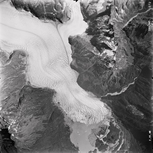 Photo by U.S. Geological Survey. This photograph provides an aerial view of the Mendenhall Glacier in 1948. The historical photo was among the images that UAF researchers used to create a physical model of the glacier's ice loss.