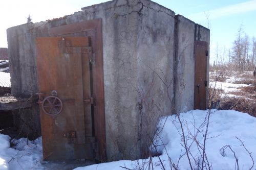 Photo by Ned Rozell. This vault, with two-foot concrete walls, was once inside a bank building at Iditarod.