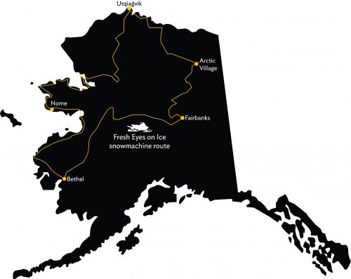 Map by UAF International Arctic Research Center. The Fresh Eyes on Ice data collection and community outreach expedition will ride snowmachines along the route marked in yellow.