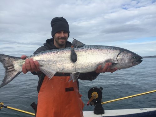 Photo courtesy of Andy Seitz. Michael Courtney holds up a salmon tagged near Homer.