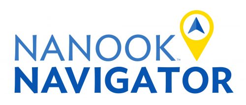 Words "Nanook Navigator." Has yellow teardrop with a blue arrow in the center.