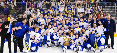 The Alaska Nanooks men’s hockey team claims the 2019 Alaska Airlines Governor’s Cup Saturday, March 2, at the Sullivan Arena in Anchorage for their 10th straight victory. UAA photo by Skip Hickey.