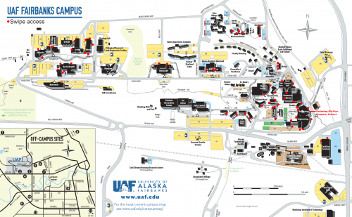 Campus map with card swipe access locations in red. (click to enlarge)