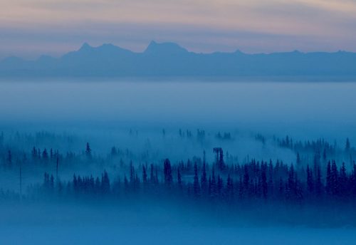 Photo by Ned Rozell. Ice fog blankets the Tanana Valley. The fog begins to form when the temperature drops below minus 35 Fahrenheit.