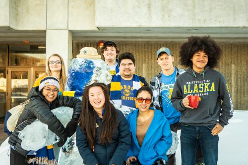 Student ambassadors gather outside the Gruening Building. UAF photo by JR Ancheta.