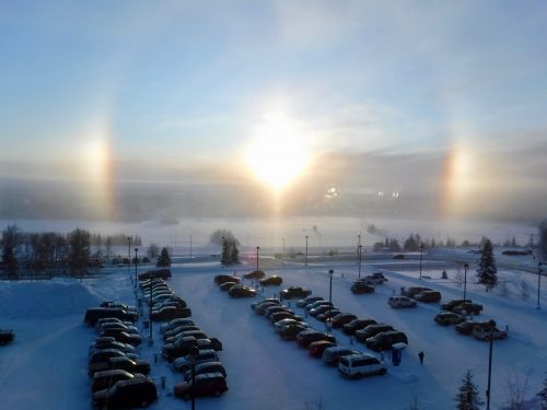 Photo by Ned Rozell. Sundogs appear in the sky south of the University of Alaska Fairbanks on Jan. 23, 2020.