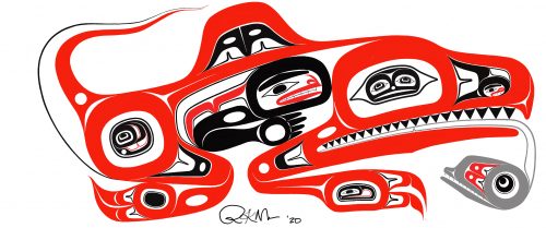 Artwork by Robert Mills ©2020. Gunakadeit, a sea monster of Tlingit legend, brings good fortune to those who see it.