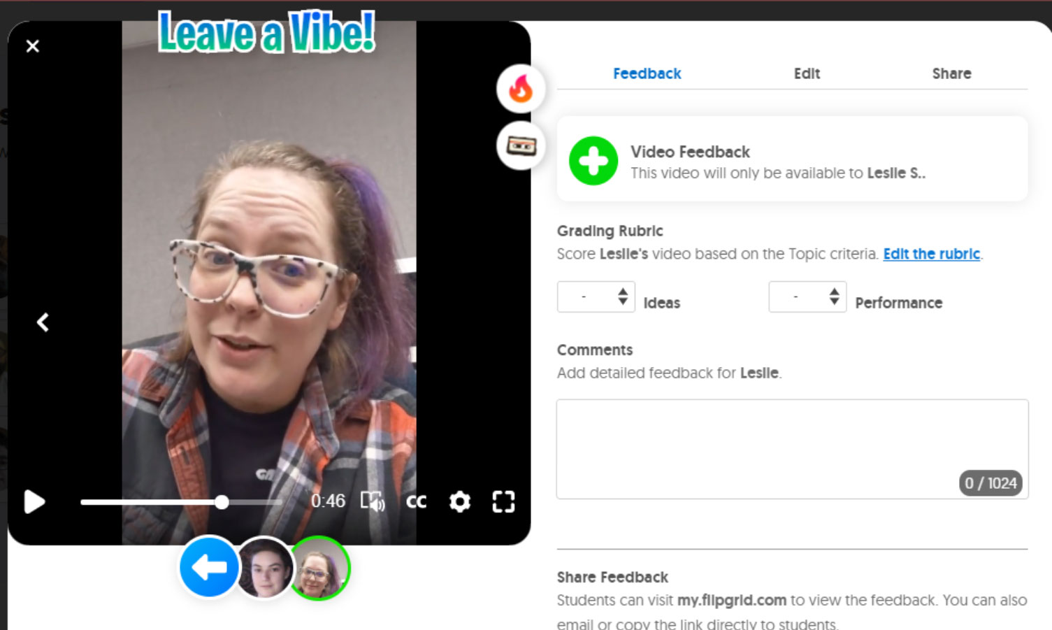 A woman in glasses in a video on the left. "Leave a vibe!" is above her head. On the right, feedback panel is open for others to leave comments.