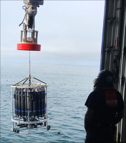 Photo by Seth Danielson. Marine technician Bernard McKiernan oversees recovery of the research vessel Sikuliaq's conductivity-temperature-depth rosette on a July 2019 cruise. The CTD will be used to collect water and plankton samples and record the northern Gulf of Alaska's physical, chemical and biological properties the first week of May.