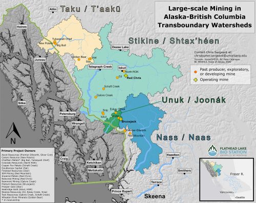 Map courtesy of Chris Sergeant/Flathead Lake Biological Station. This map locates some of the larger proposed, existing and historical mines in the Taku, Stikine and Unuk river drainages. All three rivers flow from British Columbia into Southeast Alaska.
